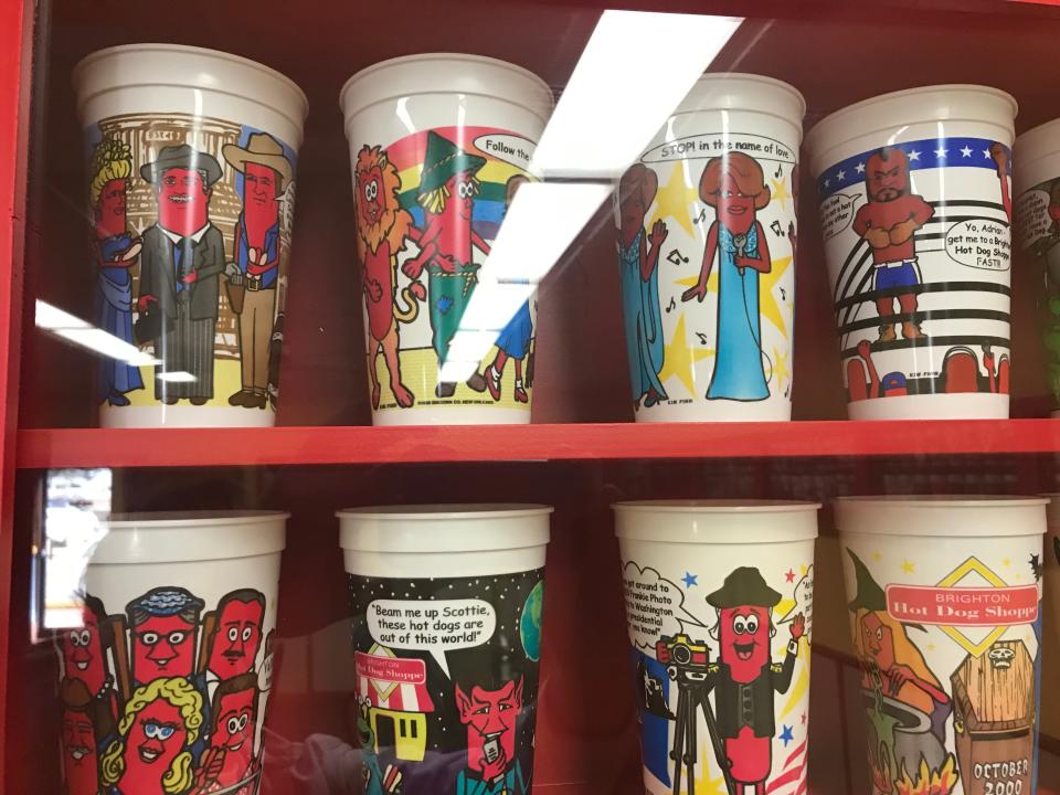 Brighton Hot Dog Shoppe cups on display at the chain's Chippewa Township location.