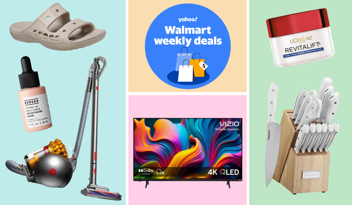 beige Croc sandal, bottle of Versed serum, Dyson ball vacuum, Vizio smart TV, L'Oreal Revitalift cream, knives in knife block next to badge reading Yahoo! Walmart weekly deals