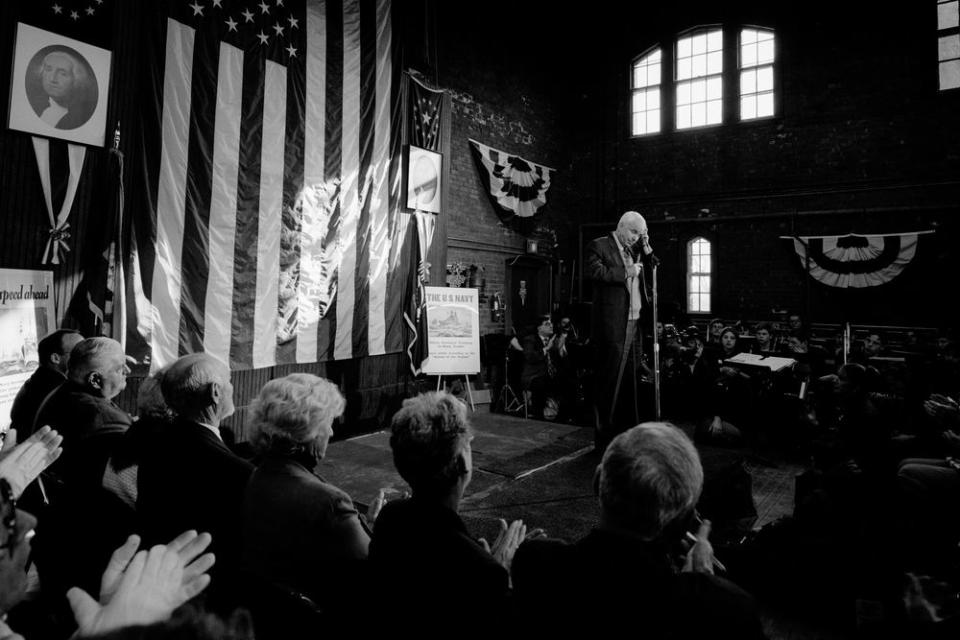 John McCain holds a town hall meeting at a National Guard armory in East Greenwhich, Rhode Island, on Jan. 18, 2000.