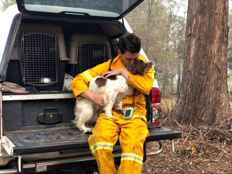 Animal trainer Ryan Tate hugs Taylor, a koala detection dog, at bushfire-affected Taree, New South Wales, Australia