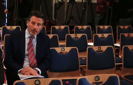 Sebastian Coe, IAAF's President, waits for a news conference by the World Anti-Doping Agency's (WADA) former president, Dick Pound, who heads the commission into corruption and doping in athletics, in Unterschleissheim near Munich, Germany, January 14, 2016. REUTERS/Michael Dalder