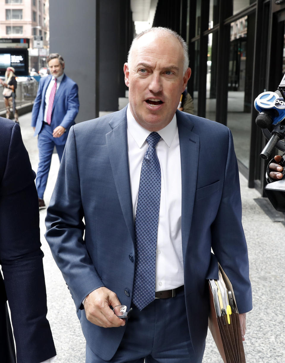 Attorney Steve Greenberg departs the Dirksen Federal Courthouse after his client R. Kelly, appeared before U.S. District Judge Harry Leinenweber Tuesday, July 16, 2019, in Chicago. Leinenweber has ordered Kelly held in a Chicago jail without bond on sex-related charges after a prosecutor told him that the singer who through intimidation, threats and paying of hush money to keep what he’d done a secret for two decades would still pose a danger to young girls if he was set free. (AP Photo/Charles Rex Arbogast)