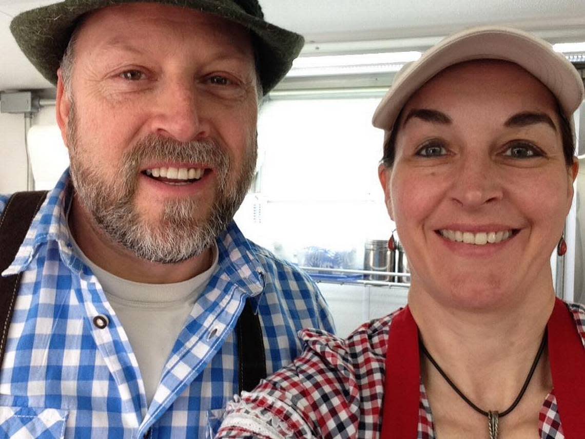 Austin English, left, who co-owns the Wichita German restaurant Prost with his wife, Manu, left, served in the Air Force from 1982 to 1987.