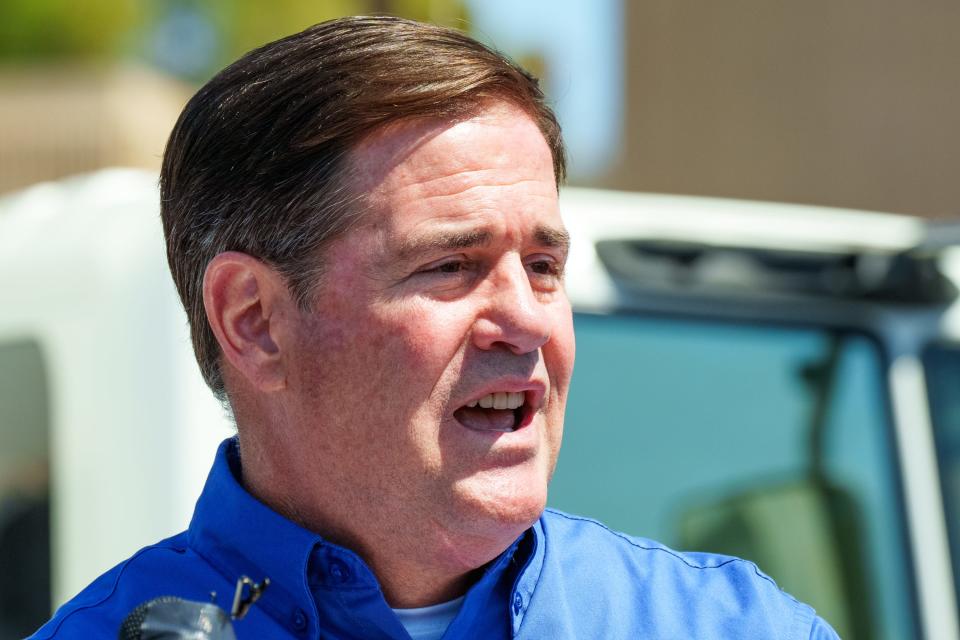 Gov. Doug Ducey gives a briefing on wildfire safety at the state Capitol on March 31, 2022, in Phoenix, Ariz.