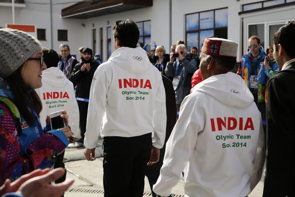 Members of the Indian Olympic team arrive for a welcome ceremony at the Mountain Olympic Village at the 2014 Winter Olympics, Sunday, Feb. 16, 2014, in Krasnaya Polyana, Russia. (AP Photo/Jae C. Hong)