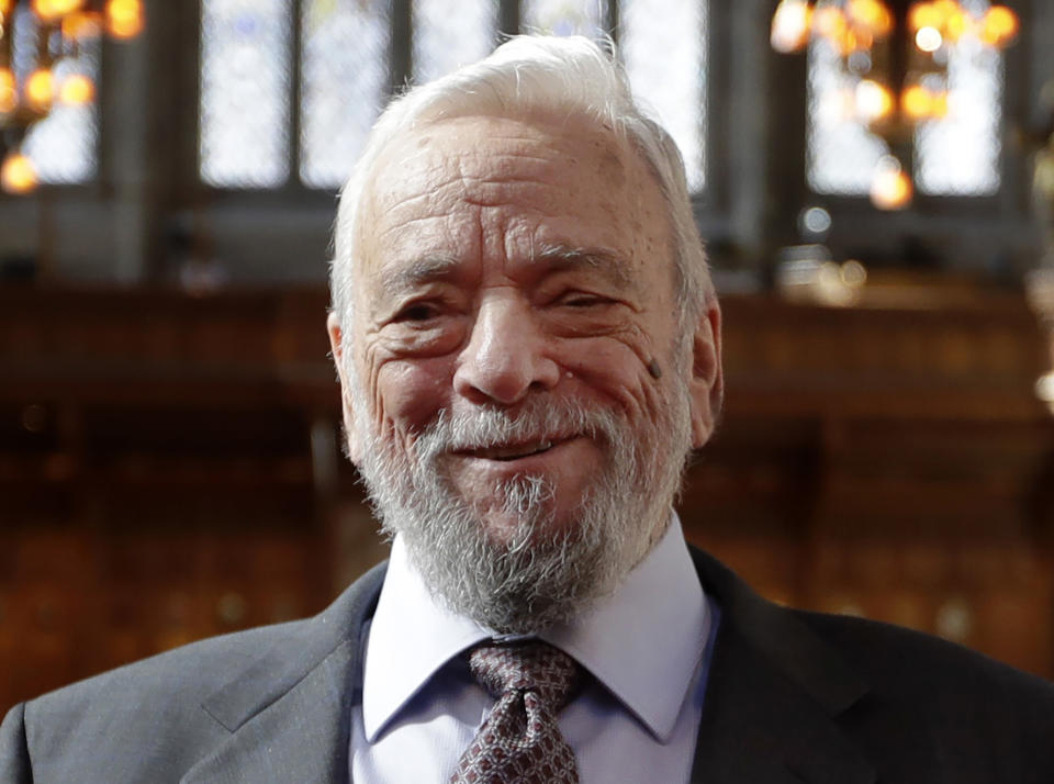 FILE - Composer and lyricist Stephen Sondheim poses after being awarded the Freedom of the City of London at a ceremony in London, on Sept. 27, 2018. A copy of Sondheim's original cast recording of “Phinney's Rainbow,” the composer's first student-led musical while he attended Williams College in 1948, was found. (AP Photo/Kirsty Wigglesworth, File)