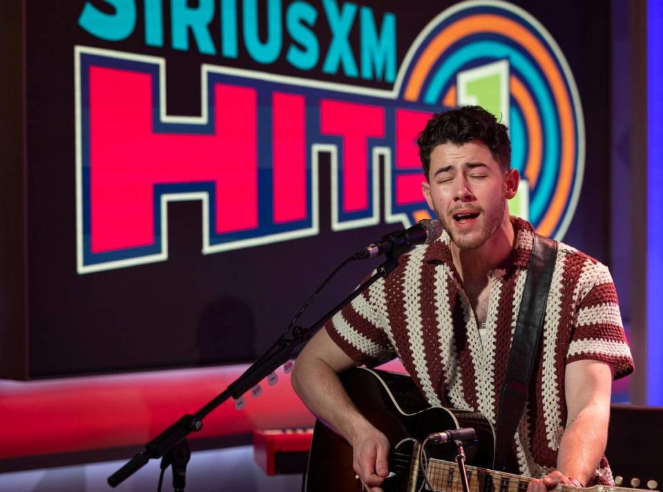 Nick Jonas sings during SiriusXM’s opening week of their new studio on Friday, May 5, 2023, in Miami Beach. The Jonas Brothers promoted their new album, The Album, that comes out next week and sang “Waffle House” and “Sucker”.