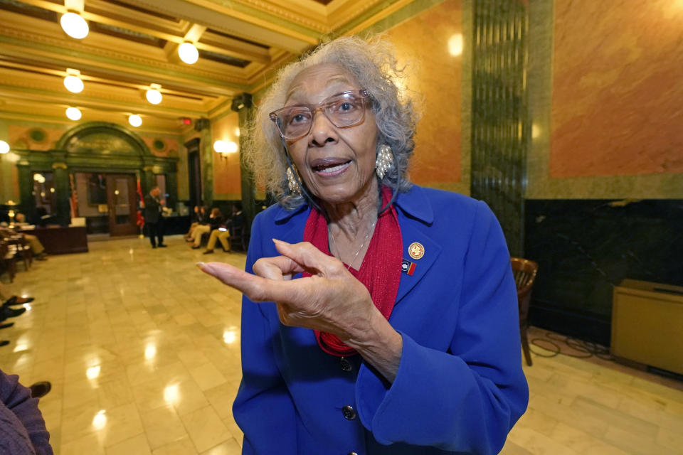 CORRECTS ELECTION YEAR TO 1985, NOT 1984 - State Rep. Alyce Clarke, D-Jackson, speaks to reporters about her tenure in the Mississippi Legislature, Tuesday, Jan. 31, 2023, in Jackson, Miss.. Clarke, who was first elected to the House in 1985, announced Tuesday that she will not seek reelection. (AP Photo/Rogelio V. Solis)