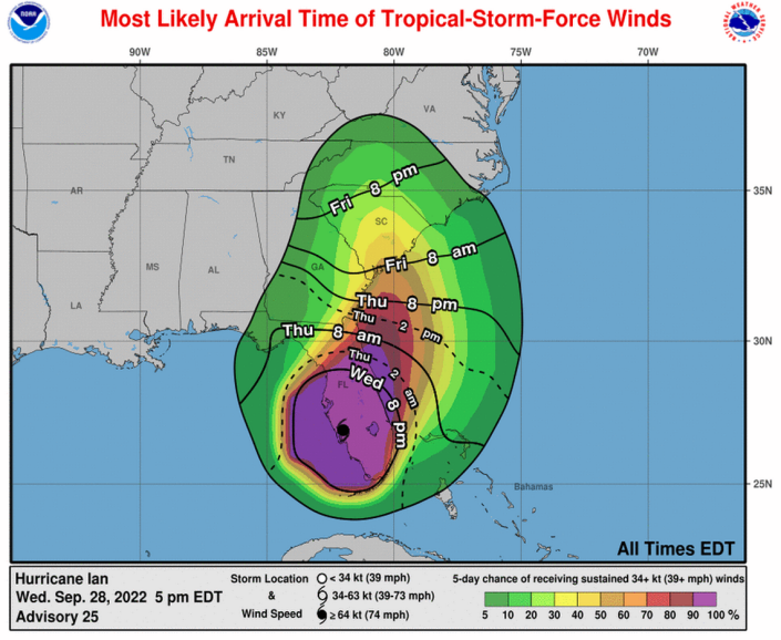 Hurricane Ian’s tropical storm-force winds are forecast to reach most of Florida by Wednesday night. National Hurricane Center