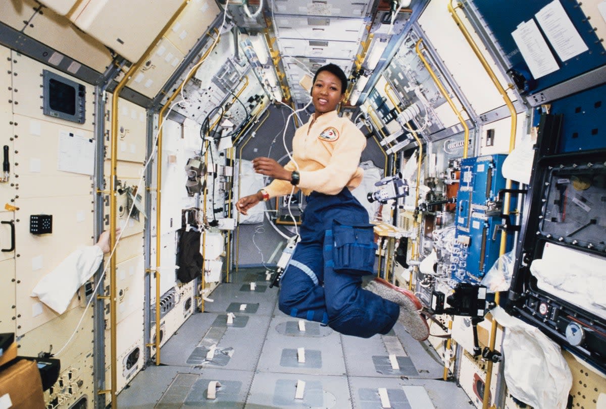 American engineer and astronaut Mae Jemison works in zero gravity in the centre aisle of the Spacelab Japan (SLJ) science module aboard OV-105, the Space Shuttle Endeavour, during NASA's STS-47 mission, 20th September 1992  (Getty Images)