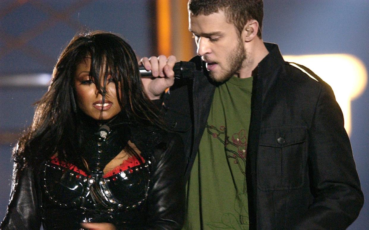 Janet Jackson and Justin Timberlake perform during the 2004 Super Bowl - AP