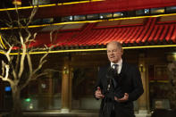 German Chancellor Olaf Scholz speaks during a press conference in Beijing, China, Tuesday, April 16, 2024. German Chancellor Olaf Scholz is on a 3 day visit to China. (Andres Martinez Casares, Pool Photo via AP)