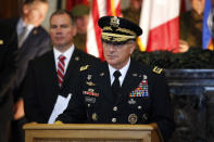 Commander of U.S. European Command, Gen. Curtis M. Scaparrotti, delivers a speech during a remembrance ceremony in the Meuse-Argonne cemetery, northeastern France, Sept. 23, 2018. A remembrance ceremony is taking place Sunday for the 1918 Meuse-Argonne offensive, America's deadliest battle ever that cost 26,000 lives but helped bringing an end to World War 1. (AP Photo/Thibault Camus)