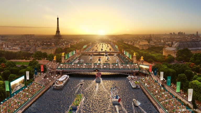 An artist's impression of the Paris Olympics opening ceremony on the river Seine (Florian Hulleu)
