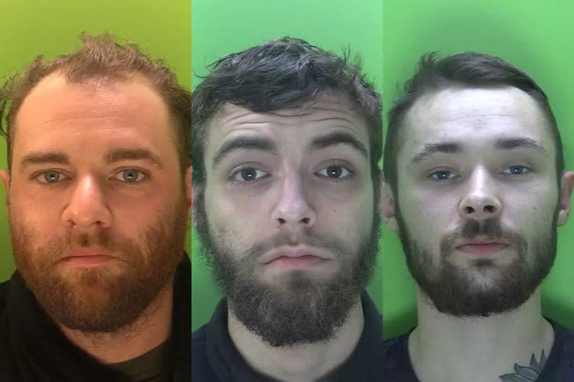 (L- R) Joshua Woods, Callum Groves and Jack Weston, all of Leicester, jailed for a combined total of more than 12 years for an armed robbery on Deepaks Foodstore in Chilwell on 23-9-23.