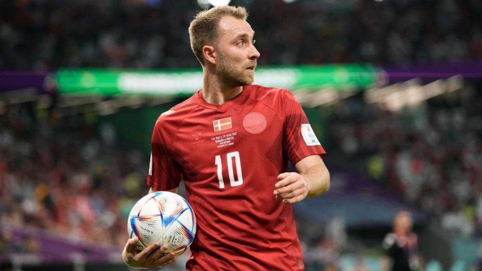 Denmark's Christian Eriksen walks over to take a corner kick during the World Cup group D football match between Denmark and Tunisia, at the Education City Stadium in Al Rayyan, Qatar, Tuesday, Nov. 22, 2022. (AP Photo/Hassan Ammar)