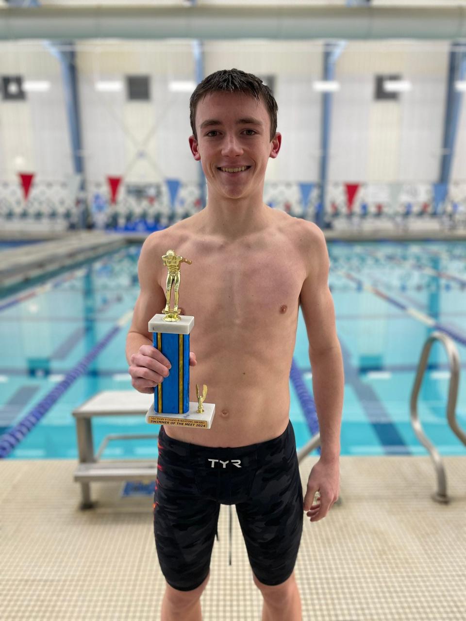McQuaid freshman Ian Miller was named Section V Class B's Swimmer of the Meet after helping the Knights win their first-ever boys swimming and diving championship Friday, Feb. 9, 2024 at the Webster Aquatic Center.