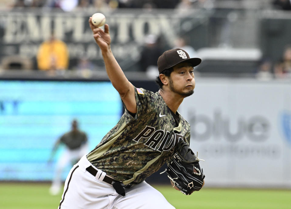 SAN DIEGO, CA - APRIL 16:  Yu Darvish #11 of the San Diego Padres pitches during the first inning of a baseball game against the Milwaukee Brewers April 16, 2023 at Petco Park in San Diego, California. (Photo by Denis Poroy/Getty Images)