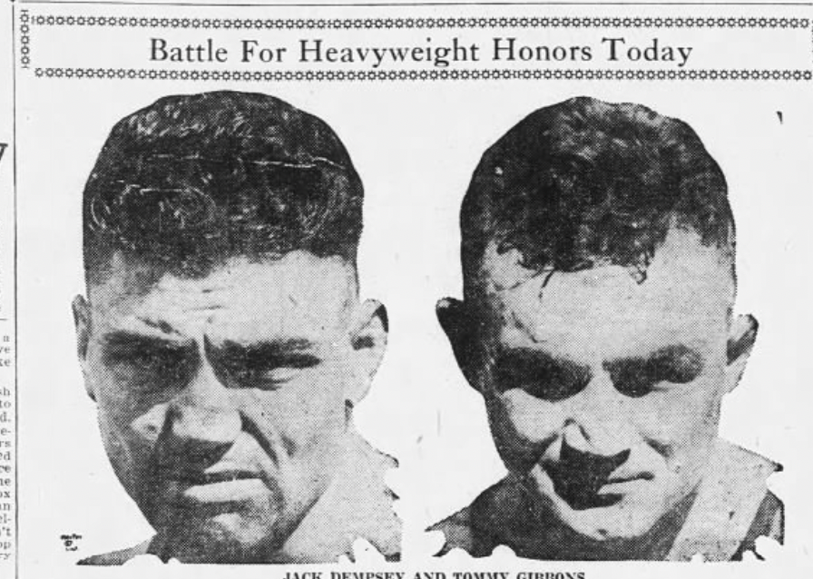 Jack Dempsey, left, and Tommy Gibbons squared off for the heavyweight championship on July 4, 1923.