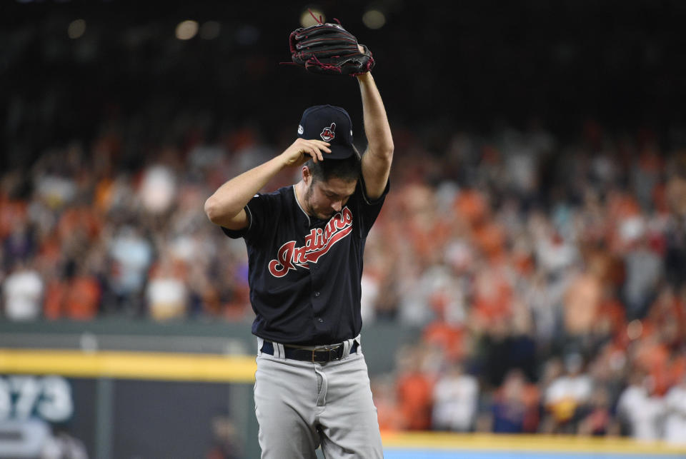 Cleveland Indians Trevor Bauer reacts after giving up a solo home run to Houston Astros' Alex Bregman during the seventh inning of Game 2 of a baseball American League Division Series, Saturday, Oct. 6, 2018, in Houston. (AP Photo/Eric Christian Smith)