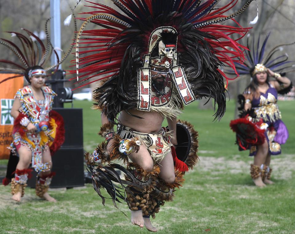 Emiliano Lira performs Mexica Yolotl, traditional Aztec dance, during Cinco de Mayo Fiesta at Falls Park in Sioux Falls, S.D., Saturday, May 11, 2013.
(Emily Spartz/ Argus Leader)