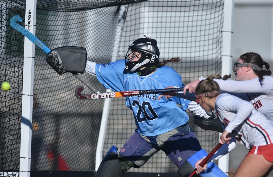 NORWELL 11/19/22 Sandwich goalie Ava Murray watches a shot go wide defending her goal late in the second quarter as Sandwich and Watertown met in the girls field hockey state finals match played at Norwell HS on Saturday. Watertown prevailed on a shut-out, 2-0. Cape Cod Times/Steve Heaslip