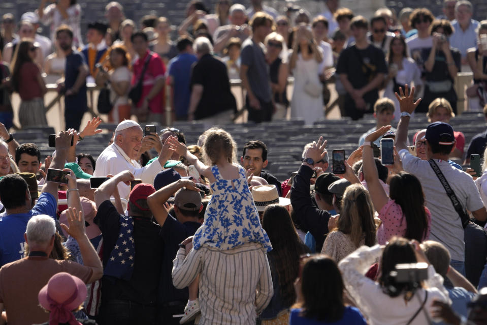 Pope Francis arrives for his weekly general audience in St. Peter's Square at The Vatican, Wednesday, June 7, 2023. (AP Photo/Andrew Medichini)