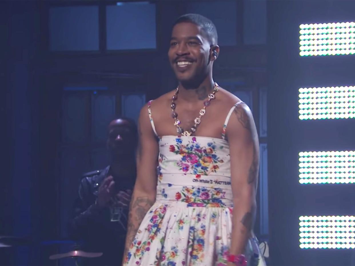 Kid Cudi wears a floral dress during his performance on Saturday Night Live (NBC)