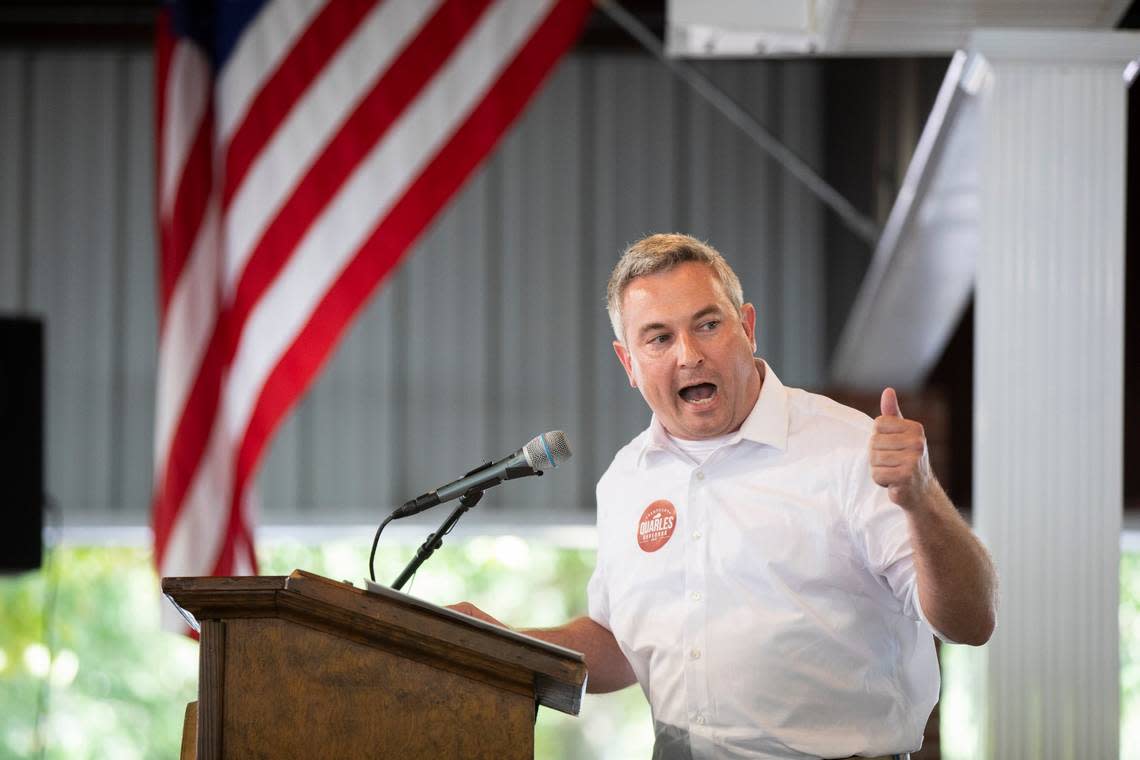 Agriculture Commissioner and candidate for Governor Ryan Quarles speaks during the 142nd annual St. Jeromes Fancy Farm Picnic before politicians deliver speeches in Fancy Farm, Ky., Saturday, August 6, 2022.