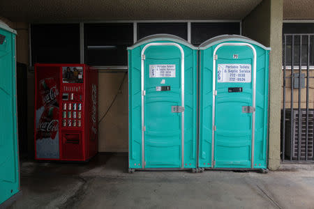 Portable toilets are seen at the Juan F. Luis Hospital and Medical Center in Christiansted, on the outskirts of St Croix, U.S. Virgin Islands June 29, 2017. REUTERS/Alvin Baez