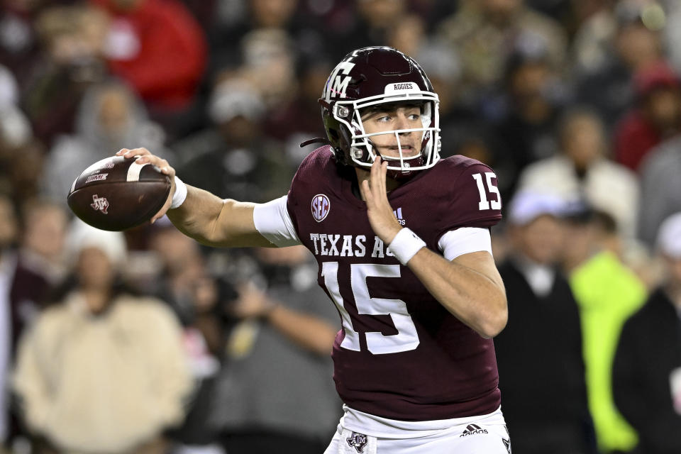 Nov 26, 2022; College Station, Texas; Texas A&M Aggies quarterback Conner Weigman (15) throws the ball during the first quarter against the LSU Tigers at Kyle Field. Maria Lysaker-USA TODAY Sports