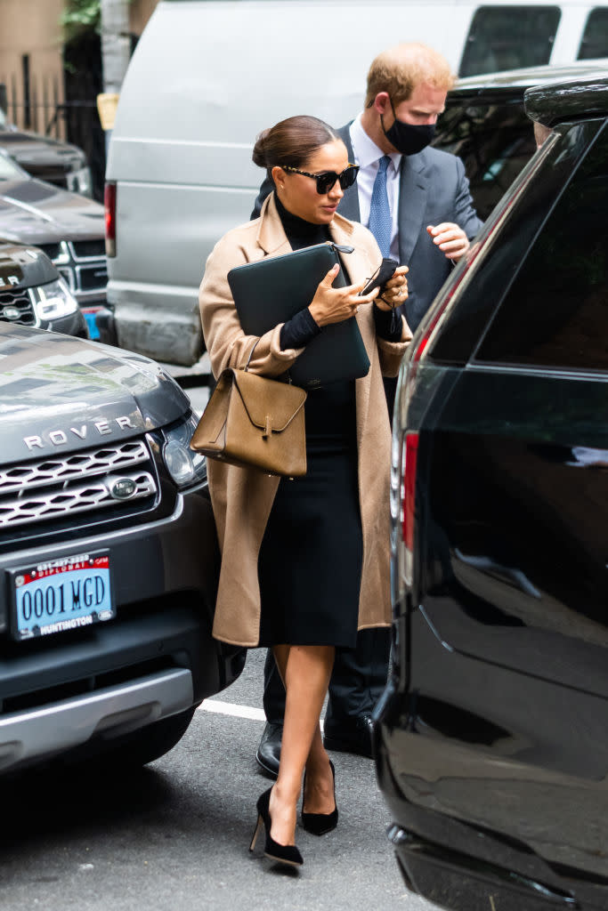 The Duke and Duchess of Sussex, Prince Harry and Meghan visit One World Observatory on 102nd floor of Freedom Tower of World Trade Center. (Getty Images)
Meghan, Duchess of Sussex, and Prince Harry, Duke of Sussex, are seen in Midtown on September 23, 2021 in New York City. (Getty Images)
Meghan Markle speaks onstage during Global Citizen Live, New York on September 25, 2021 in New York City.