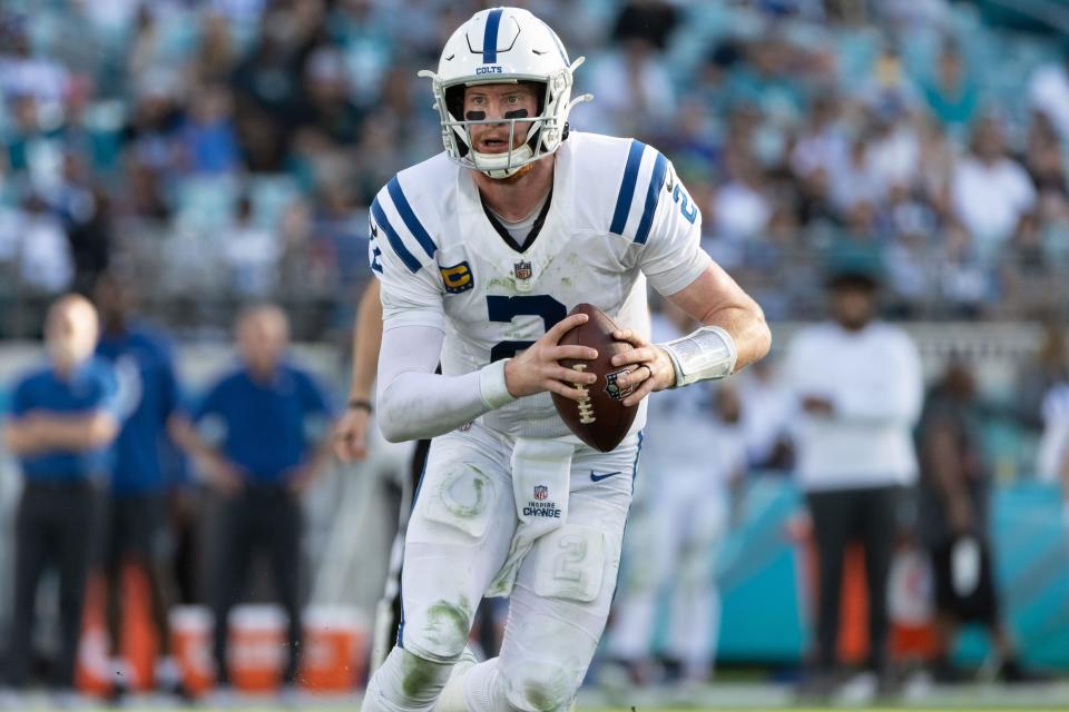 Indianapolis Colts quarterback Carson Wentz (2) during the second half against the Jacksonville Jaguars at TIAA Bank Field.