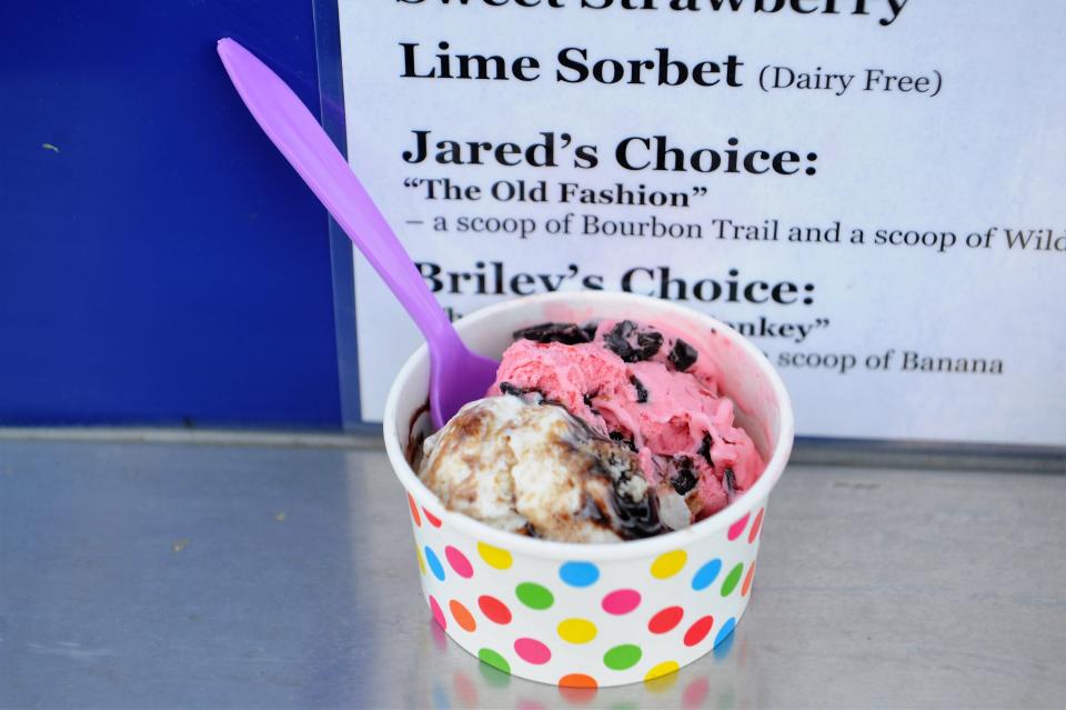 "The Old Fashioned" ice cream combo from JB's Barnyard contains a scoop of Bourbon Trail and a scoop of Wild Cherry ice cream and has the flavor of an Old Fashioned cocktail.