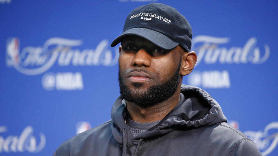 Mandatory Credit: Photo by Larry W Smith/EPA/Shutterstock (8863016u)LeBron JamesCleveland Cavaliers at Golden State Warriors, Oakland, USA - 11 Jun 2017Cleveland Cavaliers player LeBron James speaks to the media in the interview room during media availability at the Warriors practice court in Oakland, California, USA, 11 June 2017.