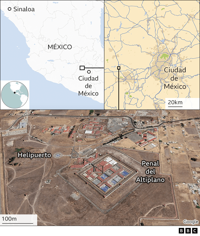 mapa con las ubicaciones de Sinaloa, Ciudad de Méixco y el Penal del Altiplano.