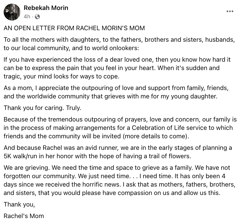 Rachel Morin’s mother breaks her silence with a post on Facebook asking compassion and time to grieve (Rebekah Morin/Facebook)