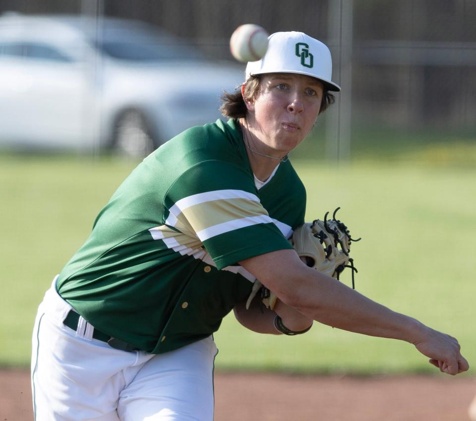 GlenOak's Ben Sibert delivers a pitch against Green at Green Wednesday, April 19, 2023.