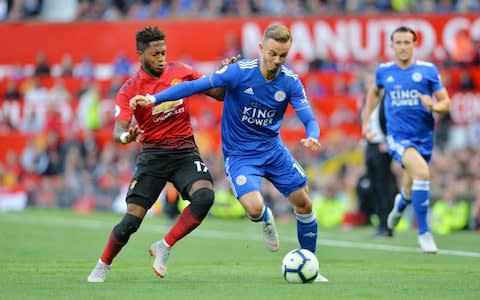 MANCHESTER, ENGLAND - AUGUST 10: James Maddison of Leicester City in action with Fred of Manchester United during the Premier League match between Manchester United and Leicester City at Old Trafford on August 10, 2018 in Manchester, United Kingdom - Credit: Getty Images