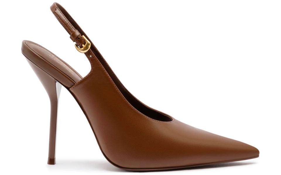 Larroudé x Altuzarra Pump In Burnt Umber Leather, pointy pumps, brown pumps, slingback pumps