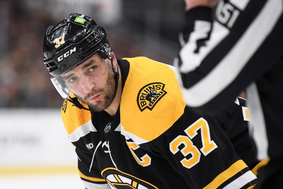 Boston Bruins center Patrice Bergeron (37) gets ready for a face-off during the first period in game five of the first round of the 2023 Stanley Cup Playoffs against the Florida Panthers at TD Garden on April 26, 2023.