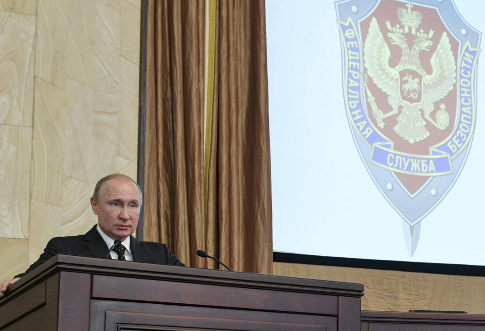 Russian President Vladimir Putin speaks at a meeting with top officials of the Federal Security Service (FSB) at its headquarters in Moscow, Russia, Wednesday, March 6, 2019. Putin urged the agency to tighten the protection of information related to new weapons. (Alexei Druzhinin, Sputnik, Kremlin Pool Photo via AP)