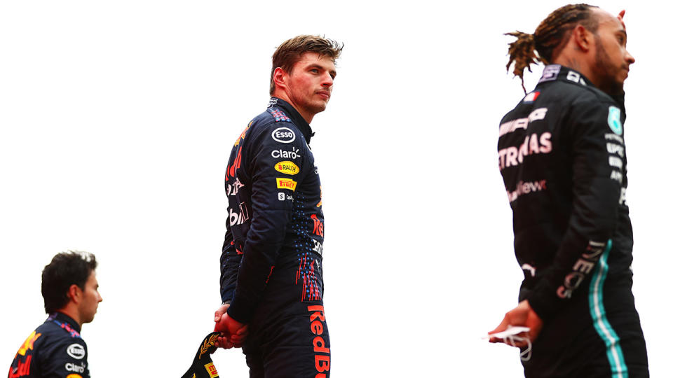 Max Verstappen, pictured here on the podium with Sergio Perez and Lewis Hamilton.