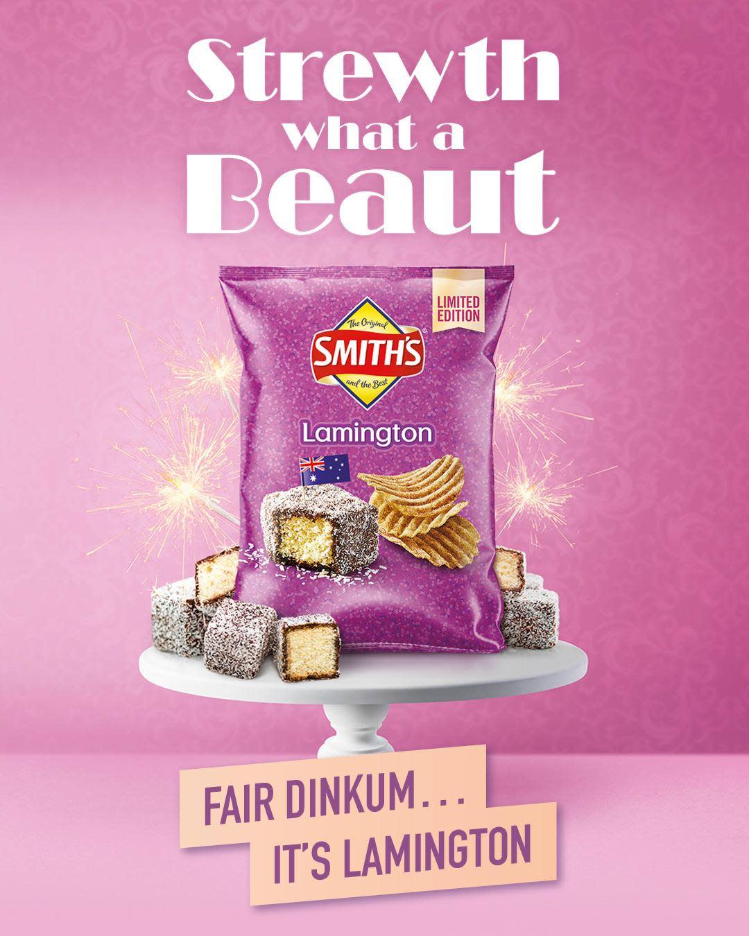 Promotional image of Smiths chips lamington flavour purple chip packet on cake stand with lamingtons. White text: "strewth what a beaut.. Fair dinkum... it's lamington".