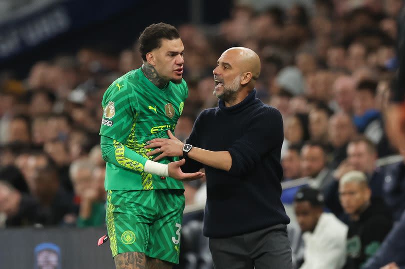 Ederson was unhappy to be taken off after his nasty collision