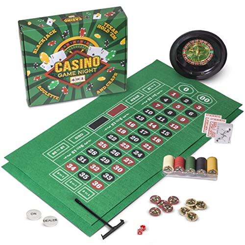 Casino Game Night | 4-in-1 Gambling Game Set and Chips | Texas Hold 'Em, Blackjack, Roulette, Craps | Includes Roulette Wheel, 2 Double-Sided Mini Felts, 100 Poker Chips, Craps Dice, Playing Cards