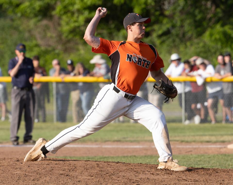 Middletown North's Zach Hampton, shown pitching in the Lions' 5-3 win over Middletown South last season in a NJSIAA Central Group 3 semifinal, has been a key player for Middletown North since he was a freshman.