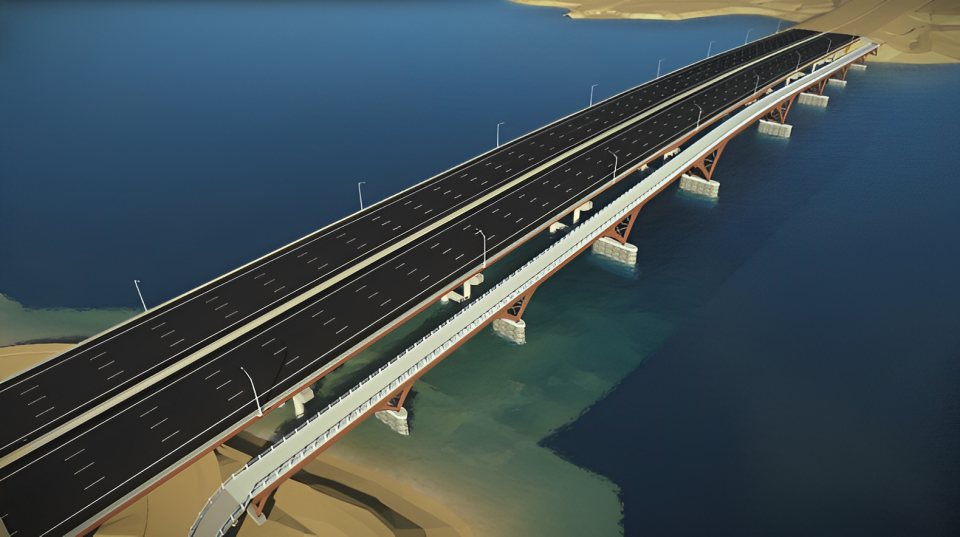 A New Hampshire Department of Transportation rendering of the proposed General Sullivan Bridge replacement (at right), seen alongside the northbound and southbound Little Bay bridges (left and center).