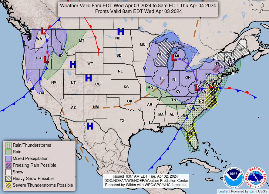 NOAA's precipitation outlook for April 3, 2024, calls for rain and thunderstorms across most of Florida, with severe thunderstorms possible from Jacksonville to the west central coast.