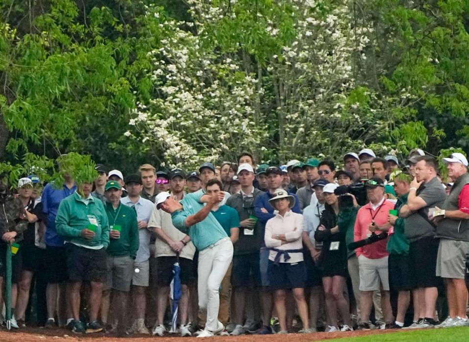 Apr 11, 2024; Augusta, Georgia, USA; Christo Lamprecht hits out of the pine straw along the no. 2 fairway during the first round of the Masters Tournament. Mandatory Credit: Adam Cairns-USA TODAY Network Adam Cairns/Adam Cairns-USA TODAY Network